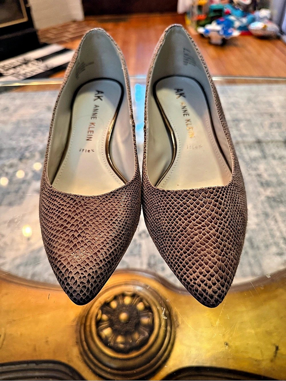 Anne Klein Iflex Fabienne Pump Pointed Toe Kitten Heel Brown Snake US 9